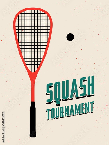 Squash tournament typographical vintage style poster. Retro vector illustration.