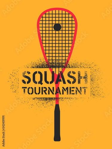Squash tournament typographical vintage stencil spray style poster. Retro vector illustration.