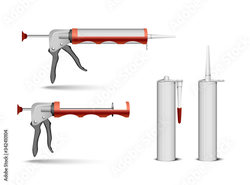 empty tube packaging for silicone or  sealant gel container with nozzle mock up set. Vector realistic illustration isolated on transparent background
