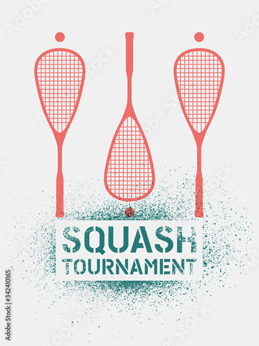 Squash tournament typographical vintage stencil spray style poster. Retro vector illustration.