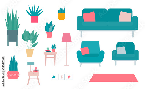 Set of interior design flat vector elements isolated on a white background.Inspiration mood board with home decor items. Sofa,armchairs,lamp,rug,photo frames,side tables,plants,books. © AZ Studio