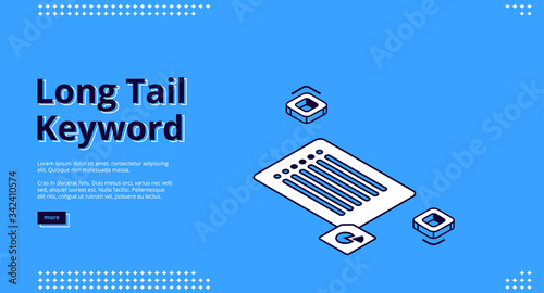 Long tail keyword banner with isometric icons on blue background. Vector landing page of SEO optimization service with line art symbols of key phrase analysis list and chart