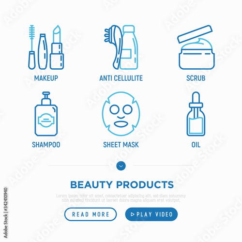 Beauty products thin line icons set: make up, anti cellulite, face oil, scrub, shampoo, sheet mask. Modern vector illustration.