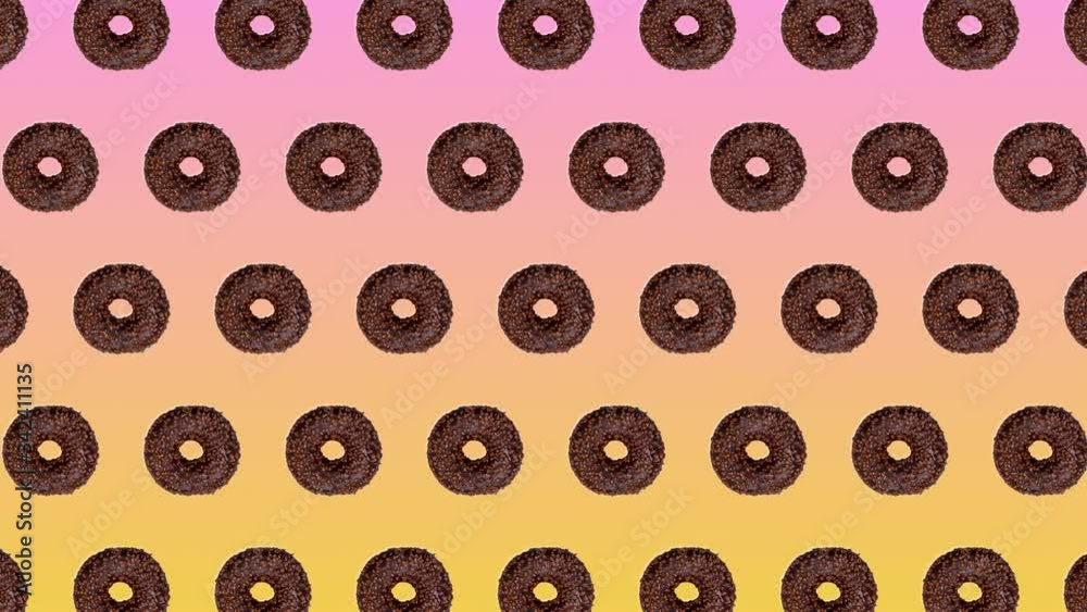 Abstract colorful animation - donuts with chocolate move up circling diagonally on pink-yellow gradient background - seamless loop.
