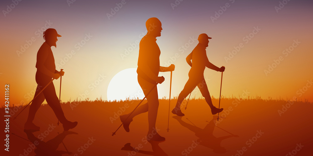 Concept de la randonnée avec un groupe de promeneur faisant de la marche nordique sur un chemin de campagne.