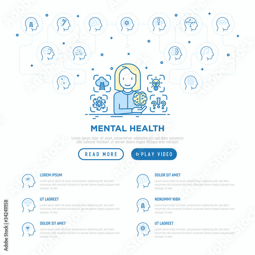 Psychologist analyzes mental health web page template. Thin line icons: negative thinking, emotional reasoning, logical plan, obsession, inner dialogue, balance, self identity. Vector illustration