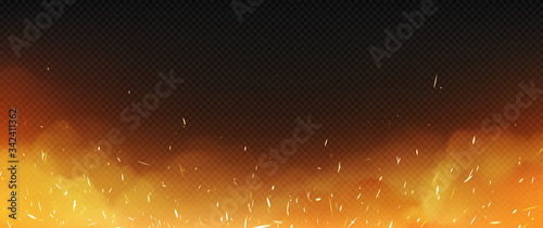 Realistic fire with smoke and weld sparks, flame isolated on transparent background. Burning campfire, blaze effect, glow orange and yellow shining flare with steam, 3d vectorframe, border photo