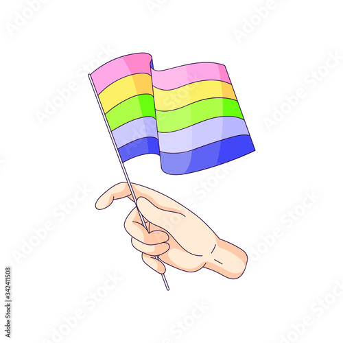 hand holding lgbt flag. gay pride. homosexual and bisexual love concept. rainbow colors. Fight for equal rights. cartoon style against homophobia isolated stock vector illustration on white background