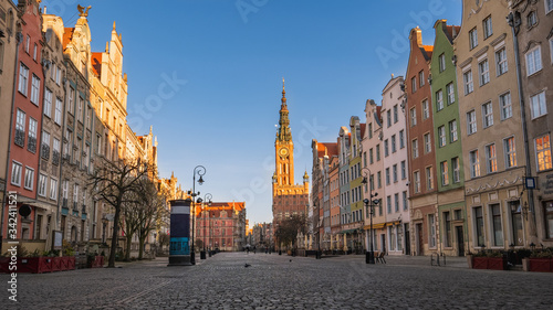 The Main Town Hall at Long Market Street on Royal Route in Old Town of Gdansk, Poland. Spring, sunrise. © Kamil