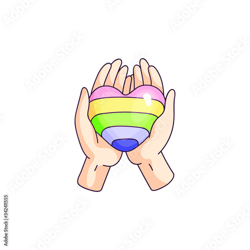 hands hold lgbt flag colors heart. gay pride. homosexual love concept. rainbow colors. Fight for equal rights. cartoon style against homophobia isolated stock vector illustration on white background