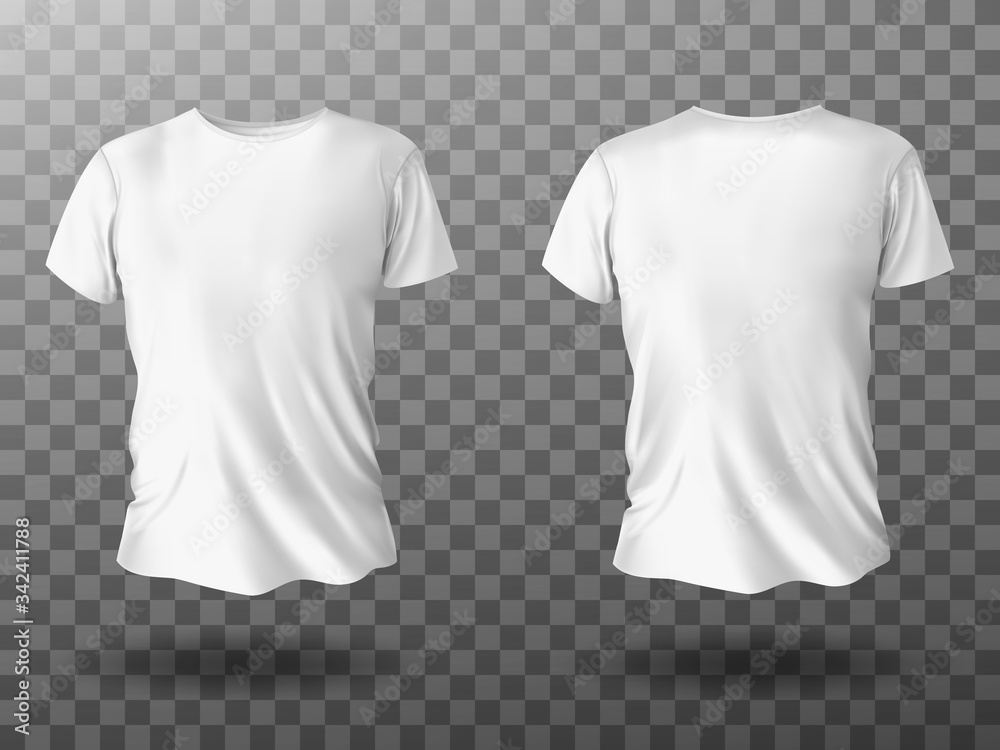 White t-shirt mockup, male t shirt with short sleeves vector template front back view. Blank apparel design for men, sportswear, casual clothing isolated on transparent background realistic 3d mock up - obrazy, fototapety, plakaty 