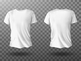 White t-shirt mockup, male t shirt with short sleeves vector template front back view. Blank apparel design for men, sportswear, casual clothing isolated on transparent background realistic 3d mock up