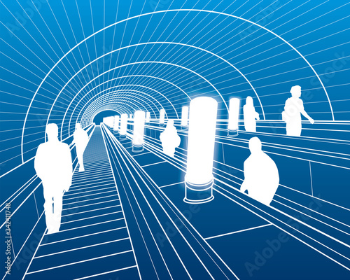 People ride escalator in subway. Transport infrastructure illustrations. Urban life. White line on blue background. Outline images for your project. Vector design art
