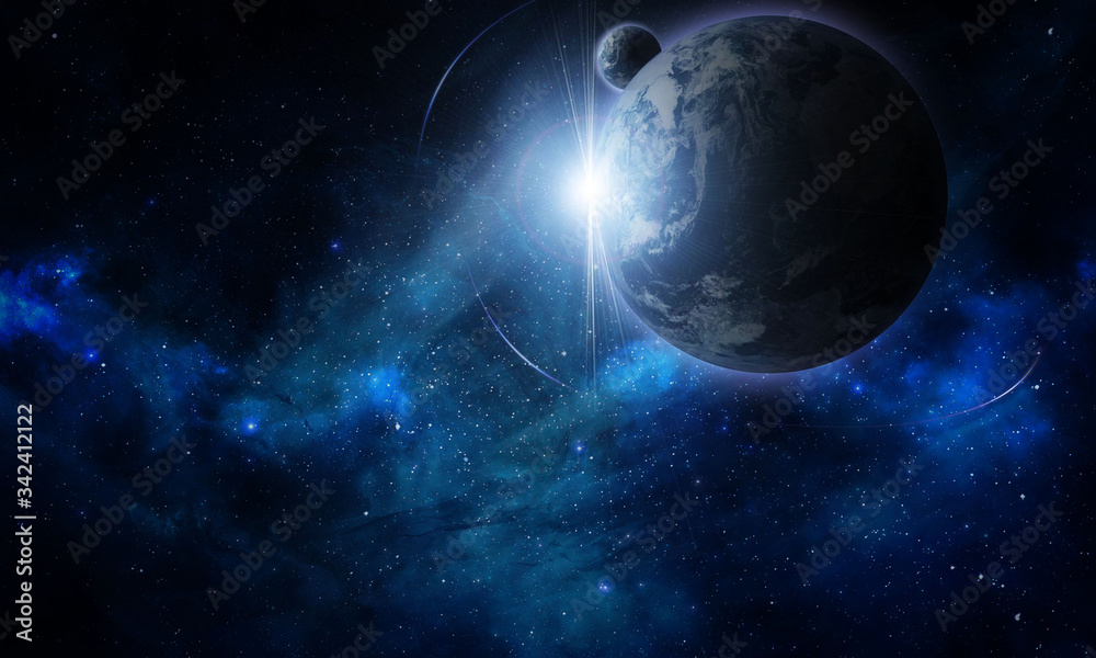 Obraz premium abstract space illustration, 3d image, planets in space in the radiance of stars