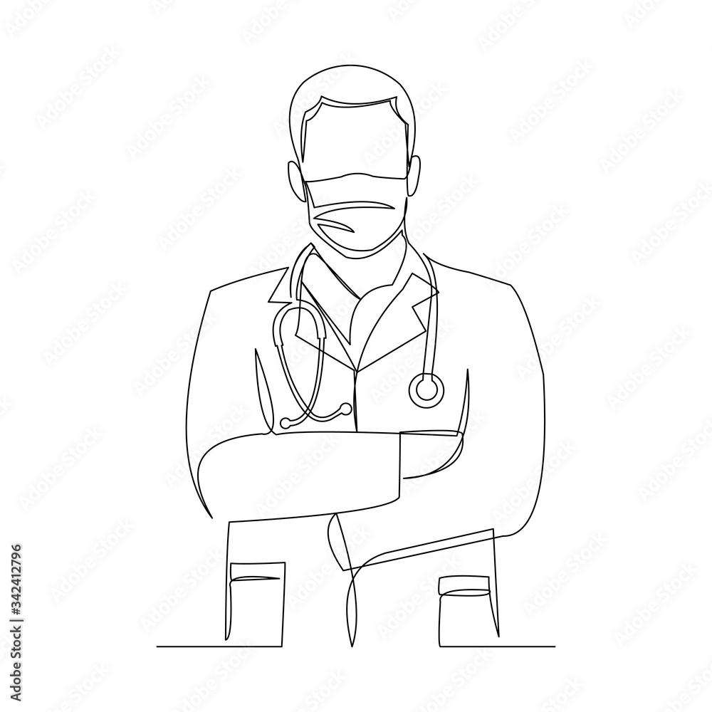 Continuous line drawing of male doctor wearing surgical mask to protect disease, flu, air pollution, pandemic, virus. Vector illustration. Continuous line drawing of male doctor wearing surgical mask to protect disease, flu, air pollution, pandemic, virus. Vector illustration.