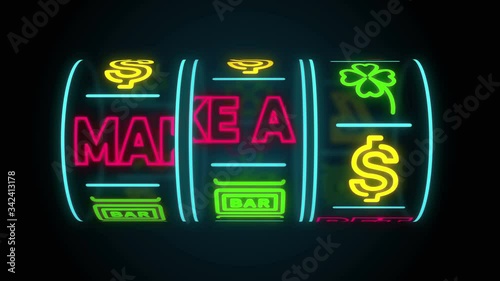 neon casino slot machine spinning, money flying after win combination and text make a bet