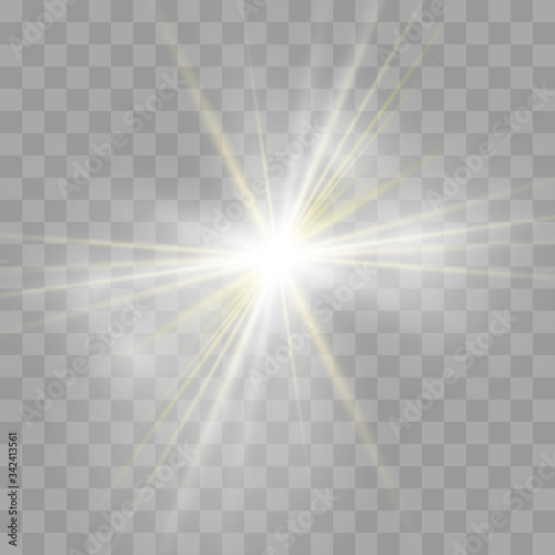 White beautiful light explodes with a transparent explosion. Vector  bright illustration for perfect effect with sparkles. Bright Star. Transparent shine of the gloss gradient  bright flash.