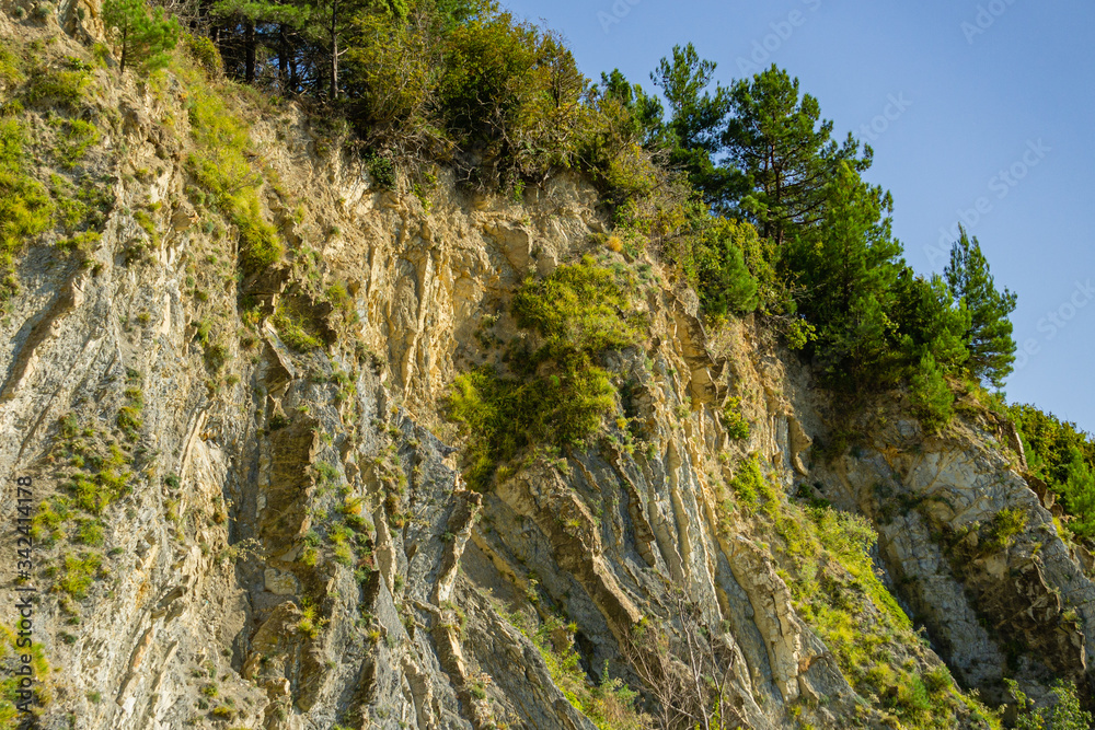 Natural texture of Caucasus Mountains on the rocky coast of Black Sea in Olginka. Pines and shrubs grow on steep stone slopes. Stones and rock fragments of different sizes as original background. Natural texture of Caucasus Mountains on the rocky coast of Black Sea in Olginka. Pines and shrubs grow on steep stone slopes. Stones and rock fragments of different sizes as original background.