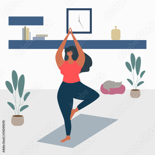 Woman doing yoga at home  during the coronavirus pandemic. Body positive. Happy plus size girl and active lifestyle. Vector illustration.