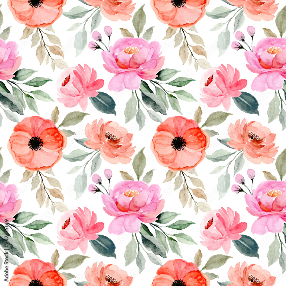pink flower watercolor seamless pattern with green leaves