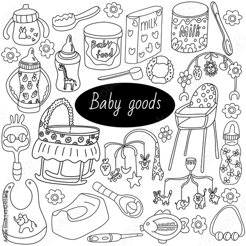 Big set of baby goods. Bottles, rattles, sippy cups, teether, fork, hairbrush, nail scissors, bibs, formula, highchair, thermometer, bassinet, potty, bowl. Vector black ink doodle isolated white.