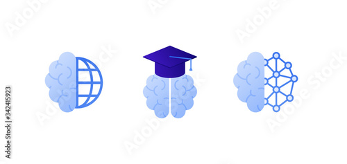 Knowledge and technology online education concept. Vector flat icon illustration set. Brain sign with graduate hat, dotted network and world sign. Deign for web, college and university course logo