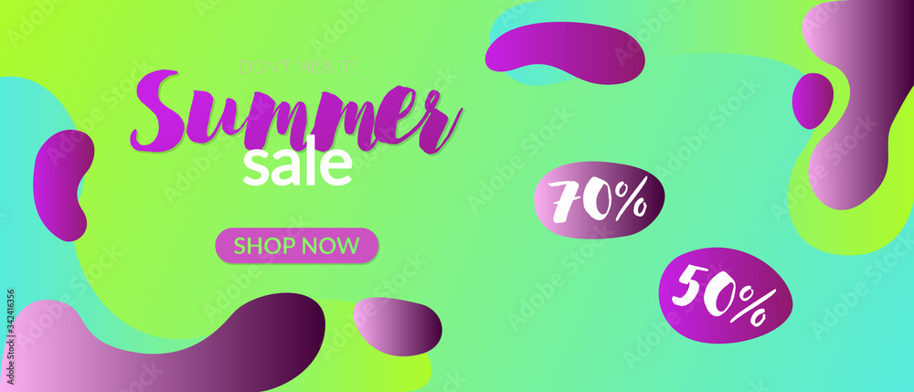 Vector banner for summer sale. Abstract flowing shapes, summer vibrant colors. Art paper style. Text with discounts, button to go to the page.	