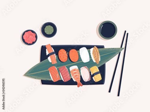 Vector illustration of sashimi from Japanese cuisine on the table, top view