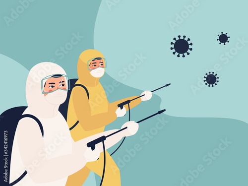 Vector illustration of people in hazmat suit cleaning and disinfecting coronavirus cells