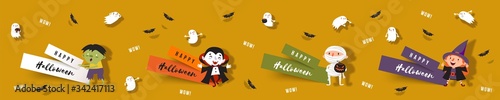 Hello Halloween, set paper cut banners with cute witch, vampire, ghost, zombie, mummy, bats. Isolated vector clip art with Halloween characters for festive design