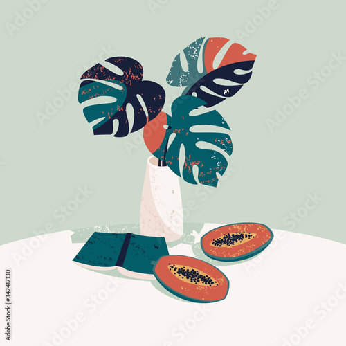 Vector illustration of a still life with a vase with a monstera leaves on the table near the book and cutted papaya