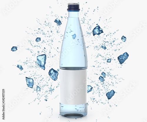 Glass bottle with water splash isolated with reflections. 3d illustration