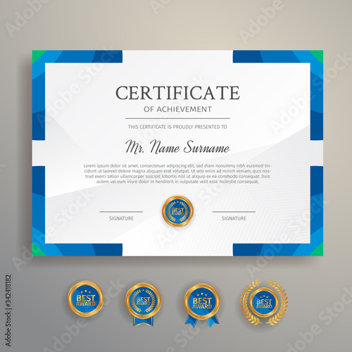 Modern blue certificate template and border, for award, diploma, and printing