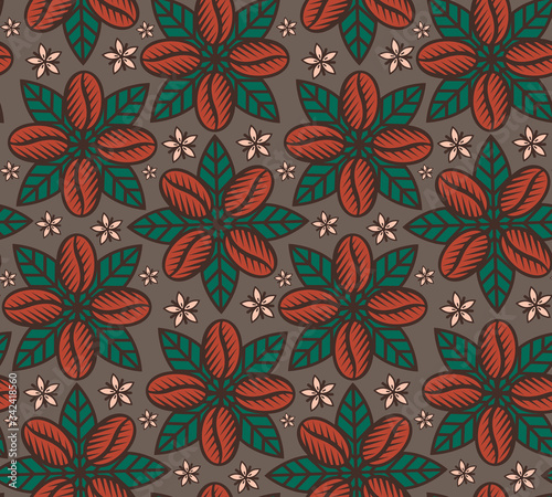 Seamless pattern with coffee beans  coffee leaves and coffee blossoms