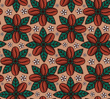Seamless pattern with coffee beans, coffee leaves and coffee blossoms