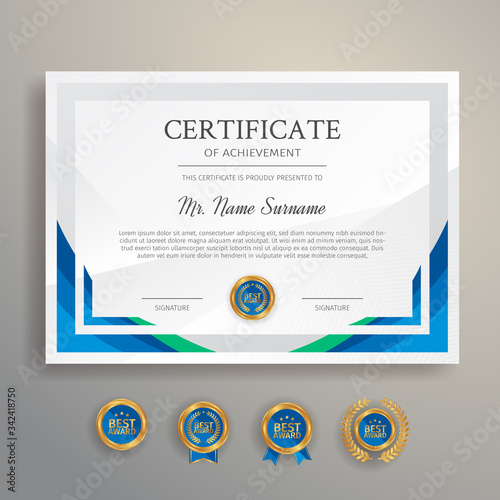 Modern blue certificate template and border, for award, diploma, and printing