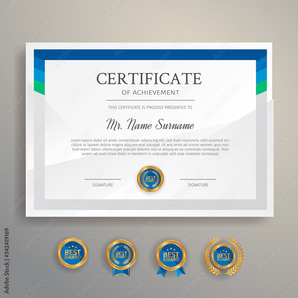 Modern blue certificate template and border, for award, diploma, and printing - obrazy, fototapety, plakaty 