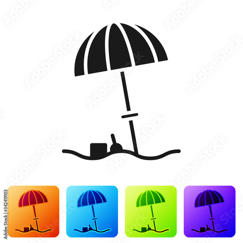 Black Sun protective umbrella for beach icon isolated on white background. Large parasol for outdoor space. Beach umbrella. Set icons in color square buttons. Vector Illustration