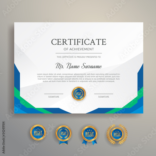 Modern blue certificate template and border, for award, diploma, and printing