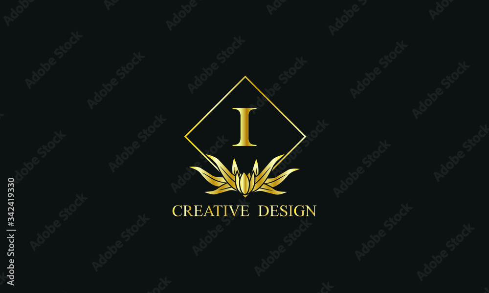Elegant design of royal vector logo with letter I on black background. Stylish golden floral monogram for business, restaurant, boutique, cafe, hotel, labels and more.