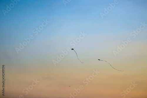 Flying kites in the sky during sunset