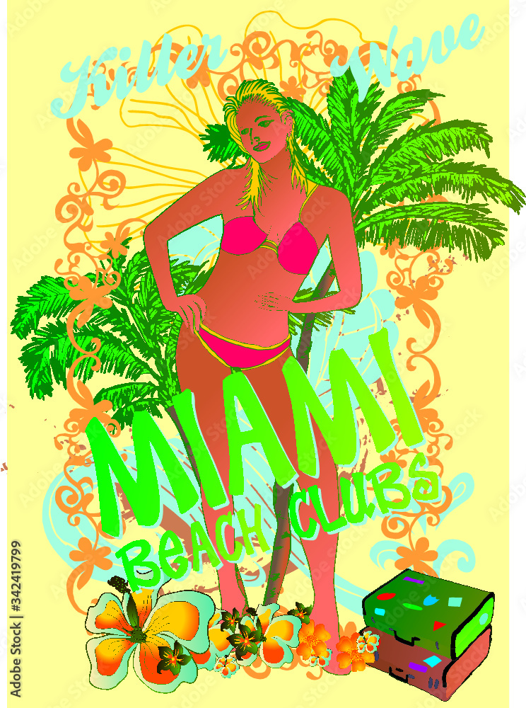 palm beach bikini girl surfer graphic design vector art