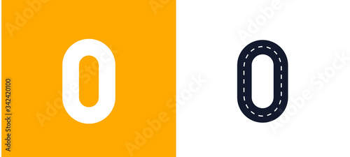 Letter O. Road font. Typography vector design with street lines. On white and yellow background