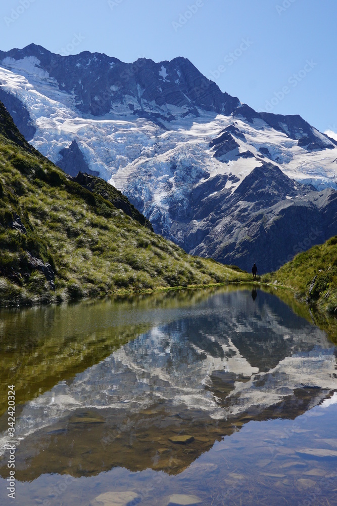 MOUNT COOK NATIONAL PARK, NEW ZEALAND - MARCH 12, 2020: Silhouette of a person reflecting in Sealy Tarns lake with glaciers in the background