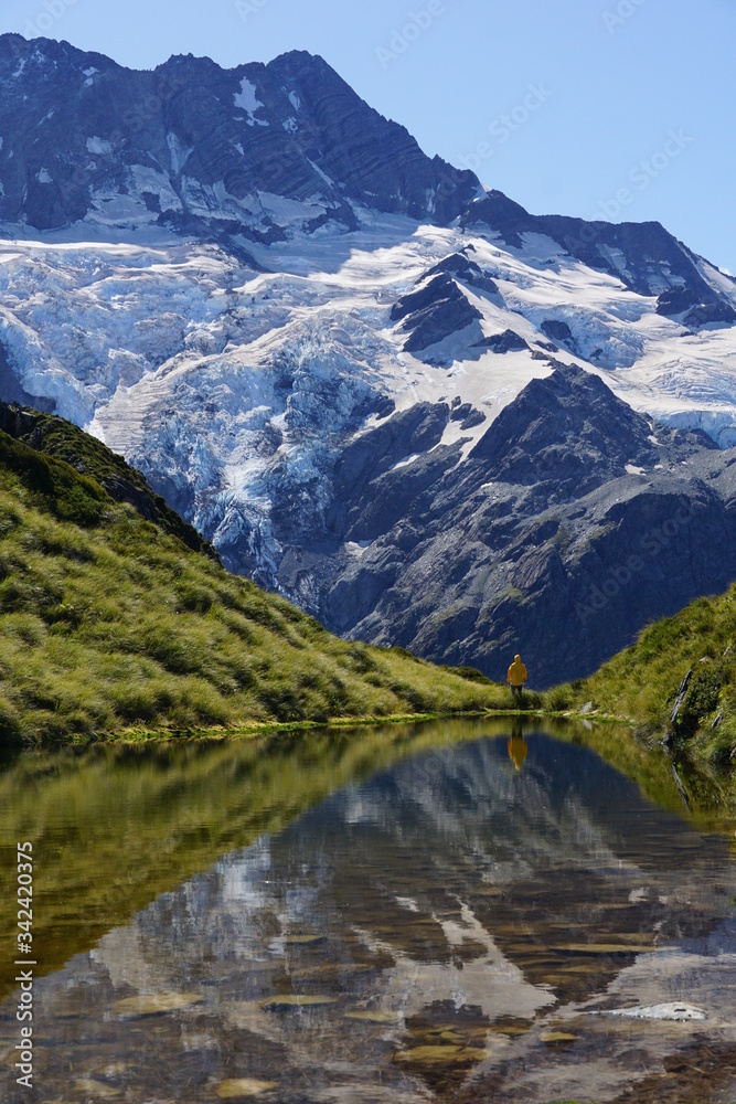 MOUNT COOK NATIONAL PARK, NEW ZEALAND - MARCH 12, 2020: Silhouette of a person reflecting in Sealy Tarns lake with glaciers in the background
