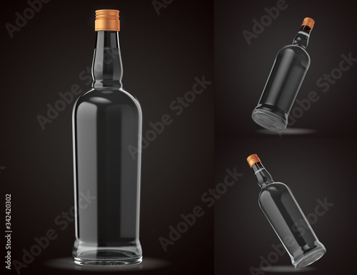 Glass bottle isolated with reflections. 3d illustration
