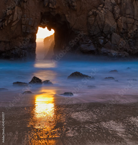 Photos Sunset Through Portal in Pfeiffer Beach Arch at Pfeiffer Beach,Pfeiffer Big Sur