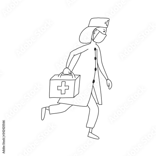 Doctor in protective mask. Quarantine concept. Medical background. Flat icon doctor running to the rescue. Vector illustration. Doctor hurries to the rescue black white doodle style