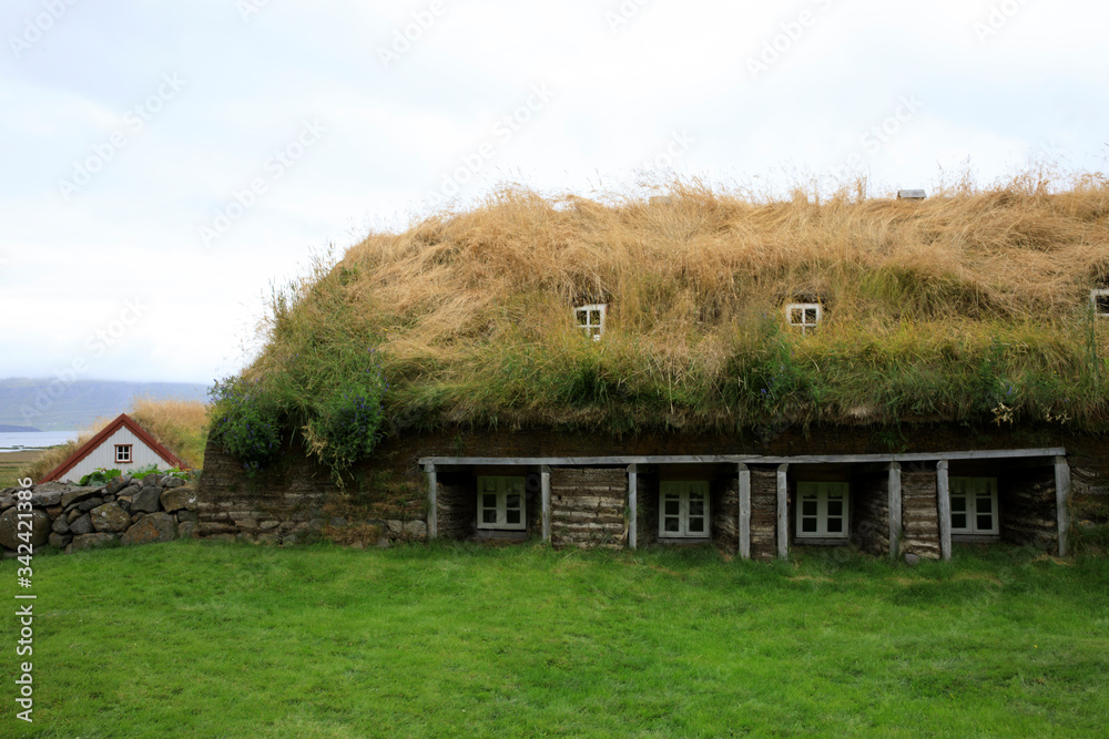 Akureyri / Iceland - August 26, 2017: A turf house in Laufas Folk museum area, Iceland, Europe