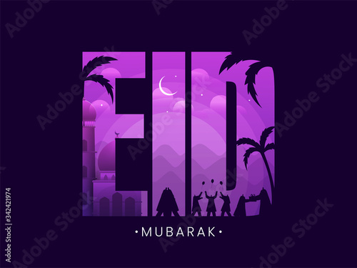 Night view with crescent moon and Muslim People silhouette inside Eid Text, Islamic festival Eid Mubarak concept on purple background. photo